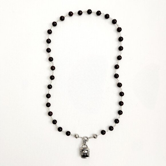 ROCKSTAR..GARNET NECKLACE W/ 925 SILVER SKULL LOCK--24" - Picture 3 of 3